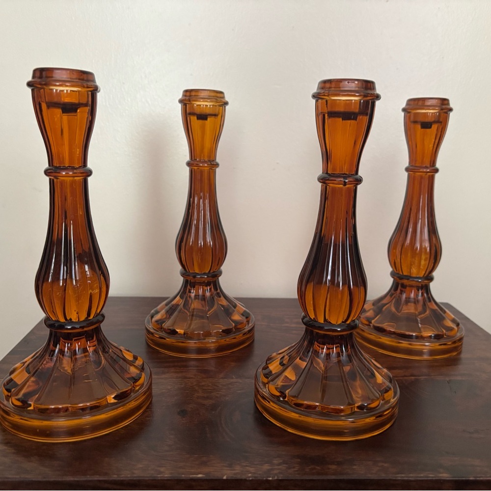 Set of 2-Vintage Robert Stanley Amber Candlesticks